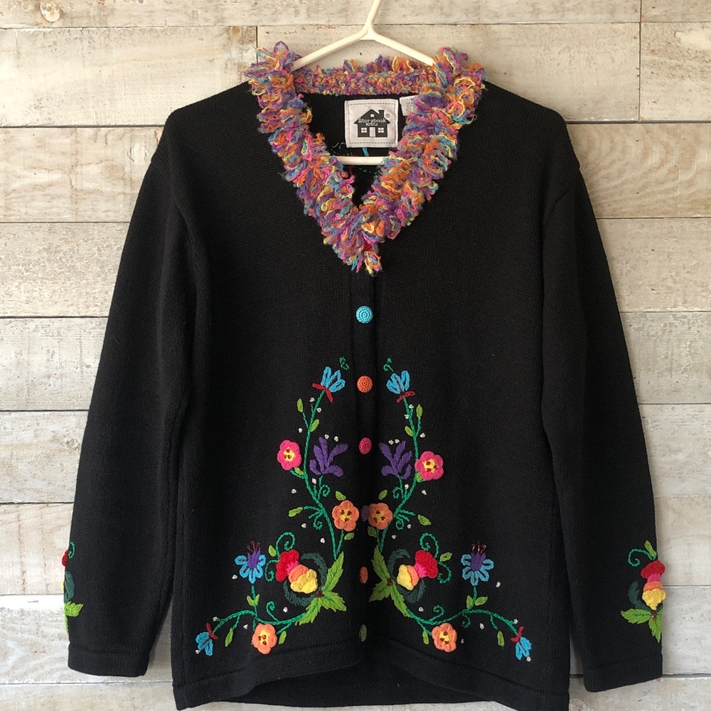 Storybook Knits Black Cardigan with Multicolor floral Embroidery